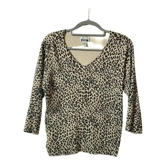 Anna Gray VTG Silk Womens V-Neck Leopard Print Blouse 3/4 Sleeve Size L Mob Wife - Picture 2 of 9